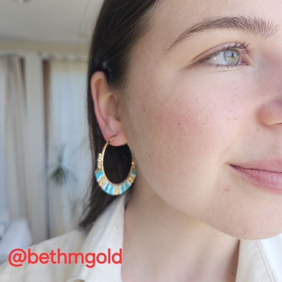 50% off 3 or more Beaded Hoop Earrings Blue & White Miyuki Rice Beads - Picture 6 of 13